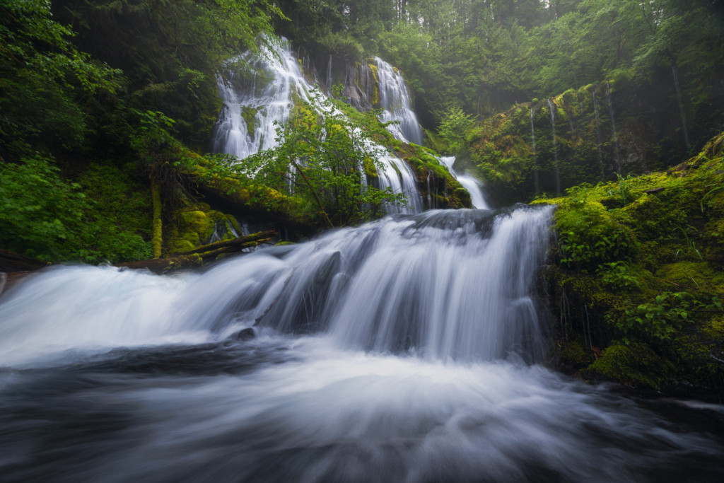 Foggy afternoon at Panther Creek Falls in the Columbia River Gorge, Washington