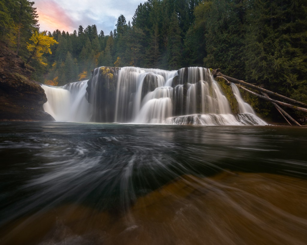 Long exposure of the powerful Lower Lewis Falls at sunset in Washington