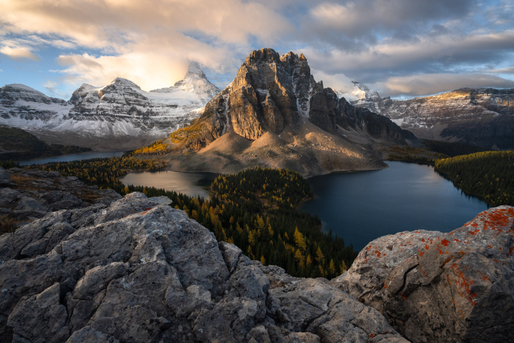 Sunburst and Assiniboine peaks receiving first light over a valley of larch trees and lakes