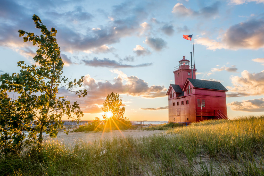 Sunset at Big Red lighthouse in Holland, MI