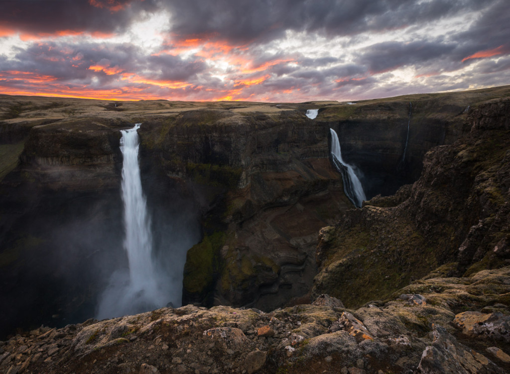 Haifoss waterfall at sunset in Iceland