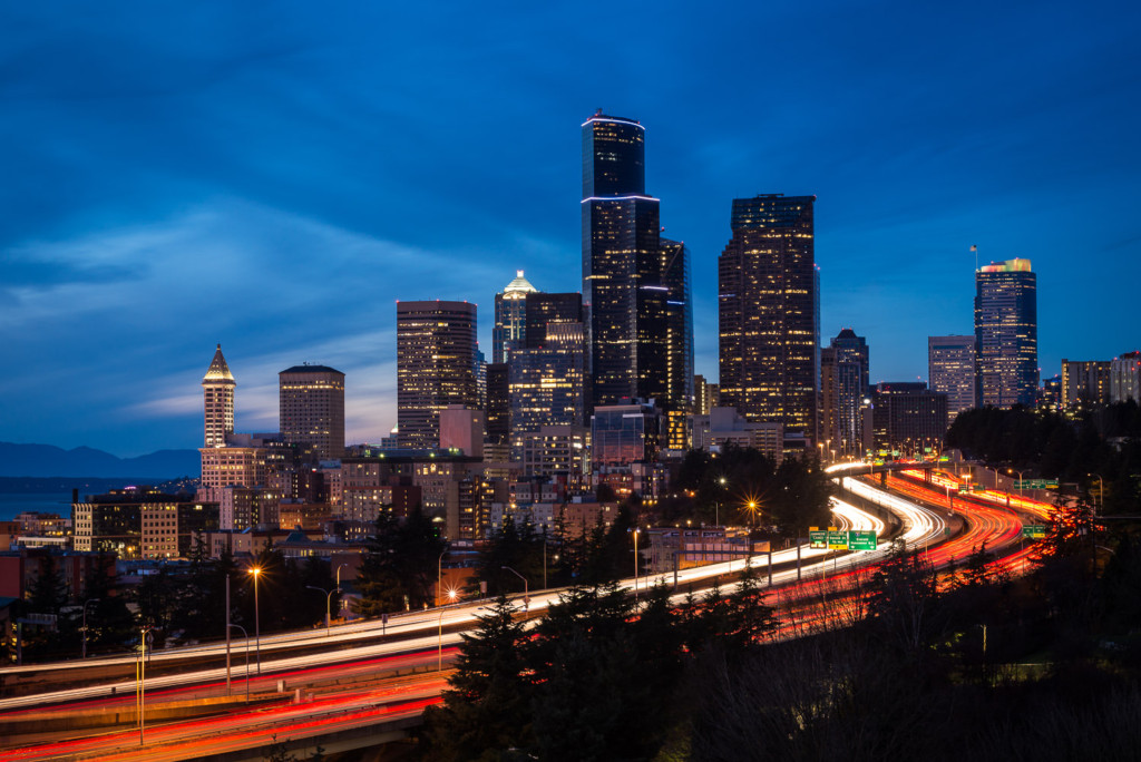 Long exposure of car lights driving into Seattle, WA