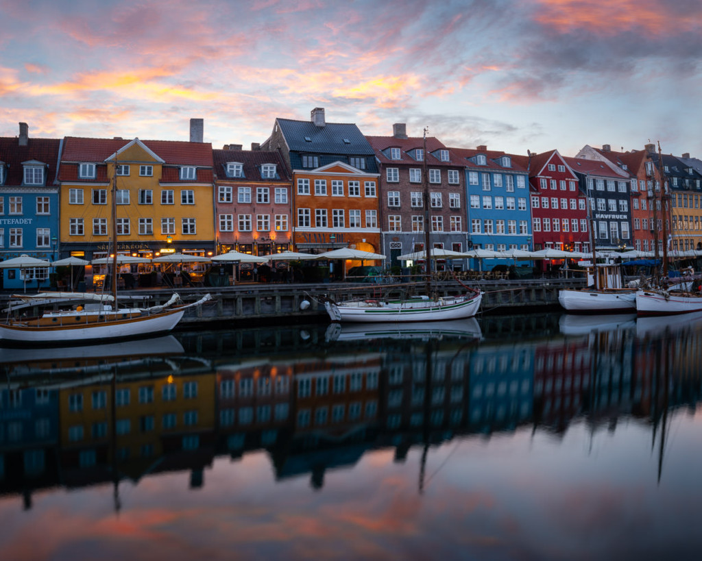 Nyhavn street reflections in Copenhagen, Denmark